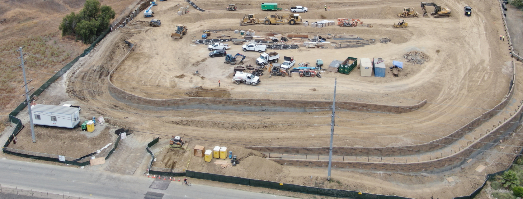 Aerial view of earth retention and slope stabilization construction site